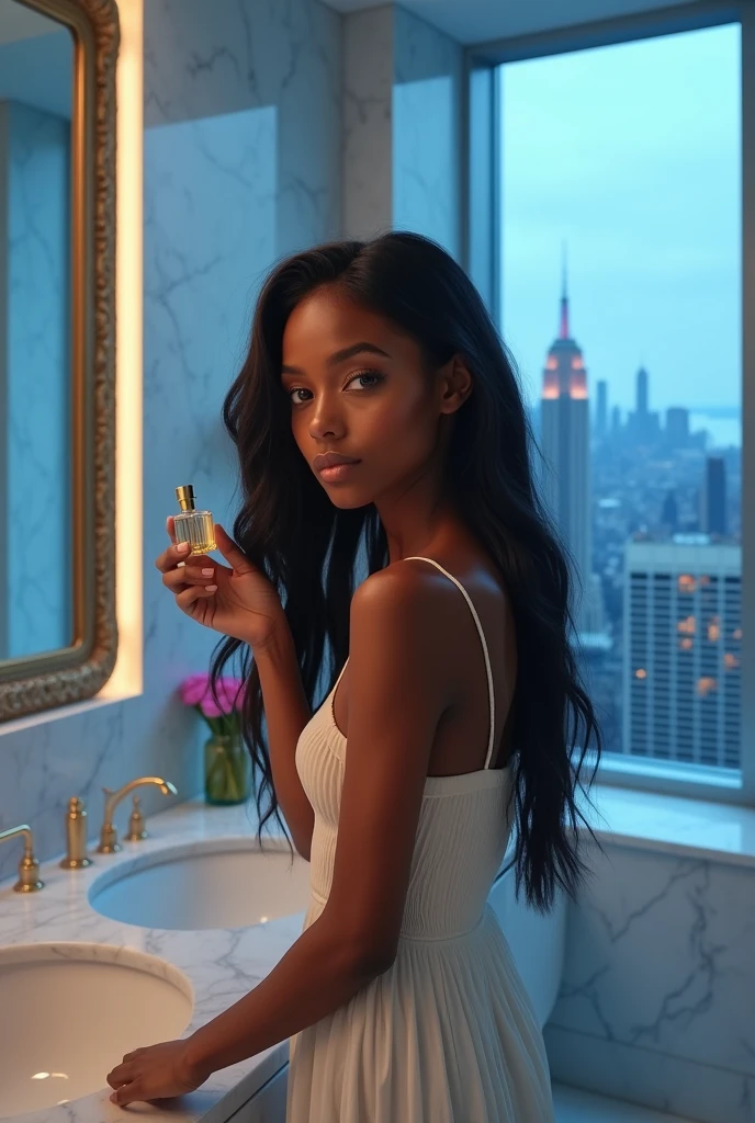 hyper realistic portrait of skai Jackson, 19 years old, with long flowing black hair and brown eyes. She should have a natural, approachable expression and be lit by soft, blue light, canon eos r5, raw format, background is a modern marble bathroom with detailed decoration, spraying perfume behind ears, full body, panoramic window view of New York skyline