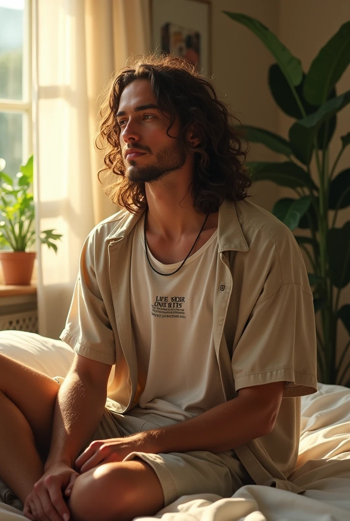 (photorealism:1.2), beautiful man, sitting on bed, wearing loose off-shoulder top, jinish tshirt long curly hair, indoors, soft lighting, plants in background, window with sunlight, cozy room, relaxed pose, realistic, intricate details, warm colors, by Greg Rutkowski, by Alphonse Mucha