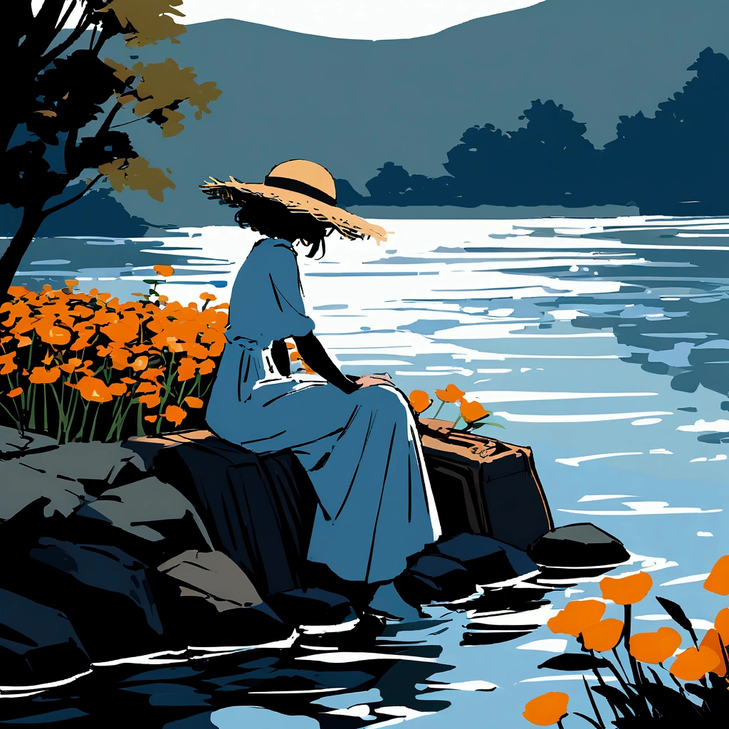 woman in white dress flat color simple suitcase travel orange flower sitting on stone by the river feet in water beautiful scenery fluttering in the wind straw hat