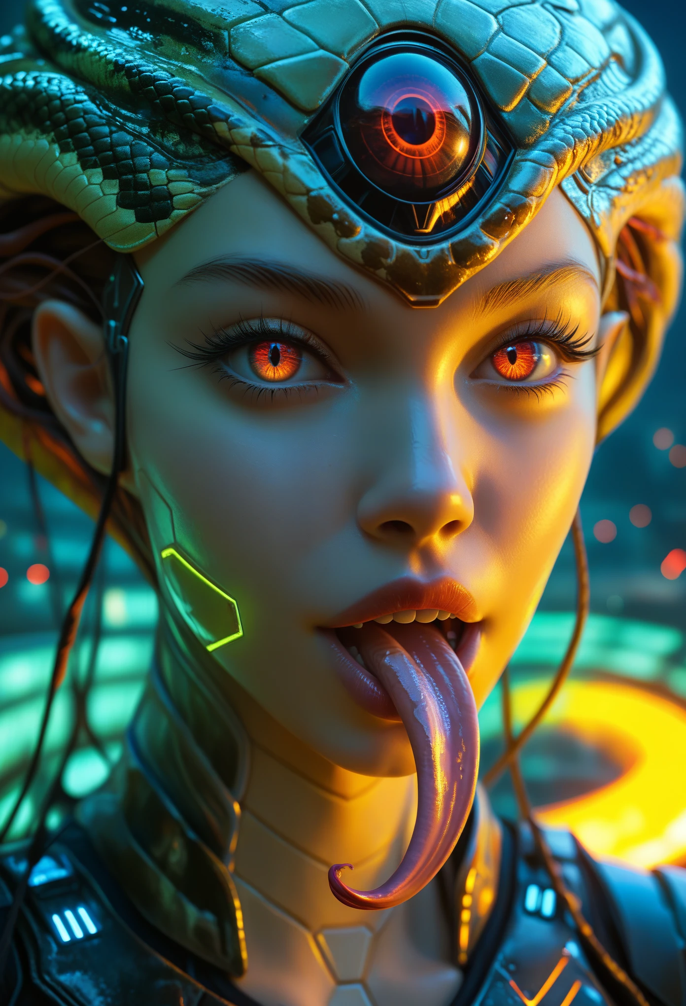 score_9, score_8_up, score_7_up, 1 female medusa alien, A scene from a science fiction movie, beautiful detailed eyes, A third eye on the forehead, beautiful detailed lips, extremely detailed face and eyes, long eyelashes, (long tongue like a snake:1.2), intricate insect-like features, glowing compound eyes, scythe-like forelimbs, alien carapace, vibrant colors, futuristic sci-fi environment, neon lights, glowing energy field, complex technological architecture, dramatic lighting, cinematic atmosphere, award winning digital art, hyper realistic, 8k, high quality, masterpiece, Bioluminescence, Translucent armor, thespiritde, concept art