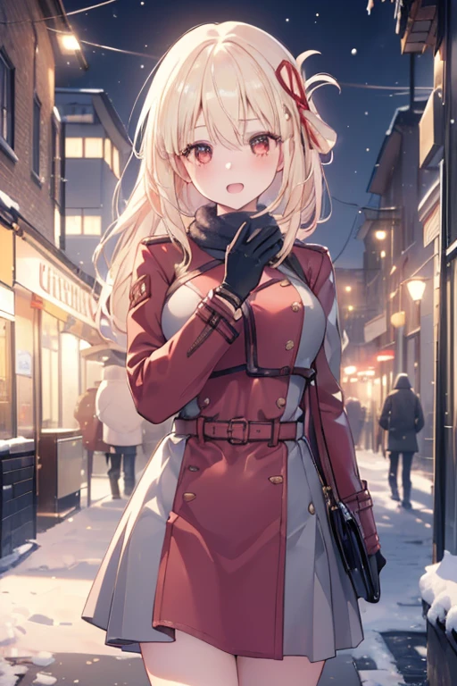 ((masterpiece, best quality, highres, UHD, perfect pixel, depth of field, 4k, RTX, HDR)), 1girl, single, solo, 24 years old, beautiful anime girl, beautiful artstyle, anime character, ((long hair, parted bangs, blonde hair)), (red eyes:1.4, rounded eyes, beautiful eyelashes, realistic eyes), (detailed face, blushing:1.2), (smooth texture:0.75, realistic texture:0.65, photorealistic:1.2, cinematic, anime CG style), medium breasts,  perfect body, busty, (dynamic angle, pov, close up), ((winter clothes, long coats, mittens, gloves, long underwear)), night, night lamp, city lights, bokeh:1.4, (outdoor, city buildings, crowd), ((winter, snow, snow crystal, winter pine trees)), sly smile, open mouth