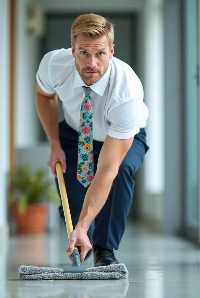 A blond man in a white shirt and flowery tie mopping the floor.
