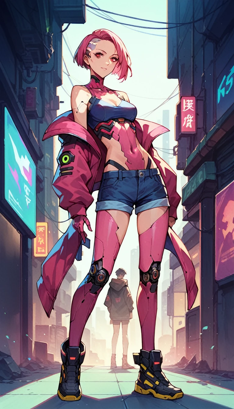 One  anime cyberpunk girl, pink short hair, red eyes, detailed cybernetic body, cyber implants, full body, dark cyberpunk world, anime style
