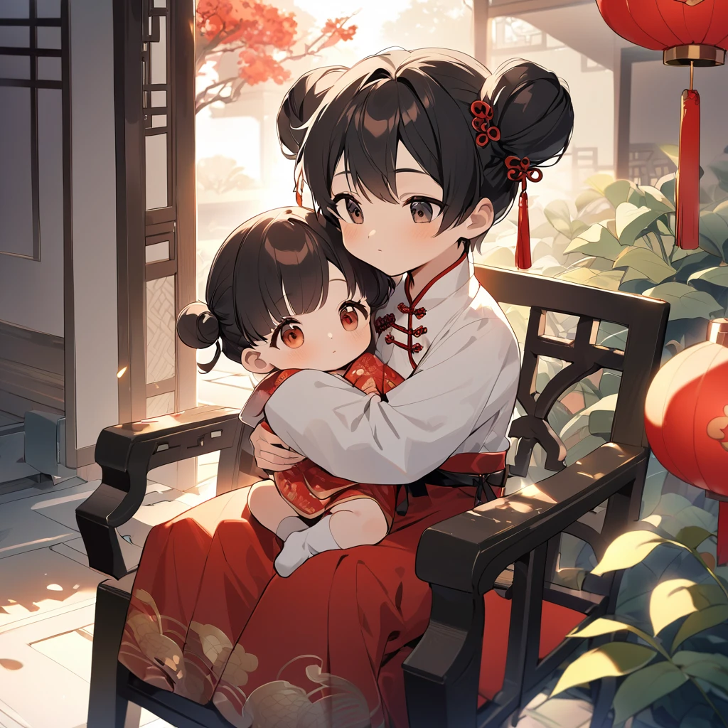 A handsome young man with a good face and a gentle face, he wearing a white ancient Chinese costume, sitting on a chair, hugging his little sister, who is , with her hair tied in two buns, black hair, in a red Chinese New Year costume. In the morning, there is sunlight shining in the front yard garden.