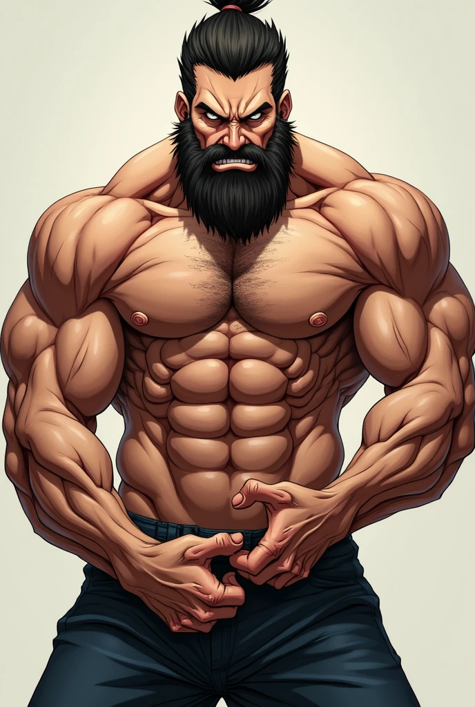 Muscular anime man with beard grabbing his dick