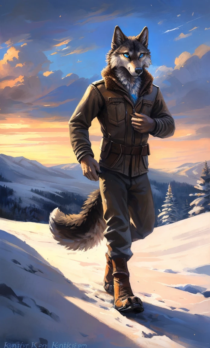 ((Solo)), male people, anthro wolf, (Multi-colored fur, White-brown:1.3,White tail pointed), (Height 2.1m,Tail length 1.2m), ((Wolf face, Big eyes, White eyelids, Blue pupil, Slim:1.2) (Tough, Calm expression:1.2)), Slim, pinging)), (Correct ???????), (Winter clothing:1.1), The upper body naked, (detailed outfits),A long big tail,Feet,(Realistic fur, Detailed fur texture, labeled:1.3)), (Natural lighting), Photorealistic, Hyperrealistic, ultradetailed, by Kenket,Snowfield,????? through,Running on