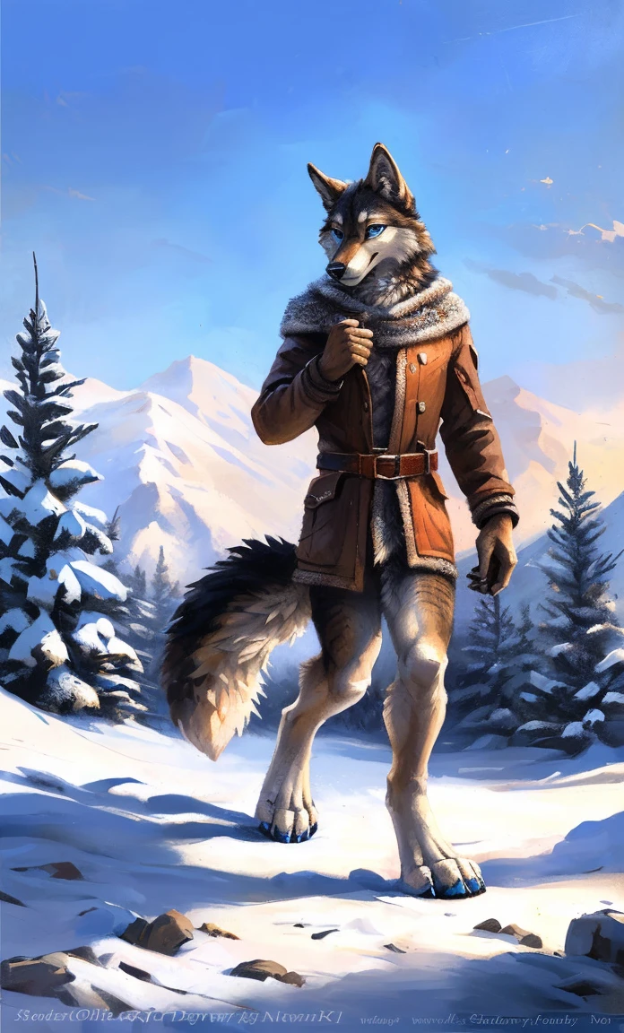 ((Solo)), male people, anthro wolf, (Multi-colored fur, White-brown:1.3,White tail pointed), (Height 2.1m,Tail length 1.2m), ((Wolf face, Big eyes, White eyelids, Blue pupil, Slim:1.2) (Tough, Calm expression:1.2)), Slim, pinging)), (Correct anatomy), (Winter clothing:1.1), The upper body naked, (detailed outfits),A long big tail,Feet,(Realistic fur, Detailed fur texture, labeled:1.3)), (Natural lighting), Photorealistic, Hyperrealistic, ultradetailed, by Kenket,Snowfield,erect through,Running on