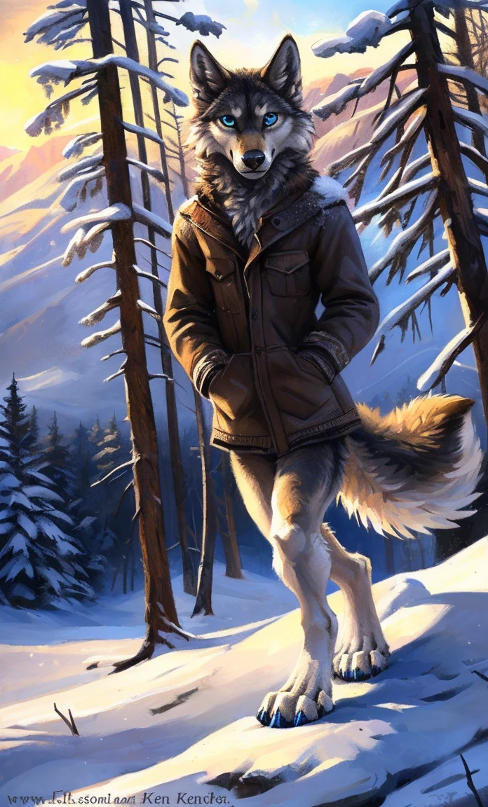 ((Solo)), male people, anthro wolf, (Multi-colored fur, White-brown:1.3,White tail pointed), (Height 2.1m,Tail length 1.2m), ((Wolf face, Big eyes, White eyelids, Blue pupil, Slim:1.2) (Tough, Calm expression:1.2)), Slim, pinging)), (Correct anatomy), (Winter clothing:1.1), The upper body naked, (detailed outfits),A long big tail,Feet,(Realistic fur, Detailed fur texture, labeled:1.3)), (Natural lighting), Photorealistic, Hyperrealistic, ultradetailed, by Kenket,Snowfield,erect through,Running on