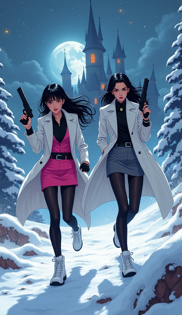 Two girls, long black hairs, yuri, Vampire Hunters

The first girl wear a white long coat, pink suit, black shirt, pink pencil skirt, black underpants, black tights, black gloves, black socks, white sneakers high top.

The second girl wore a white long coat, grey suit, black shirt, grey pencil skirt, black underpants, black tights, black gloves, black socks, white sneakers high top.

holding a handguns, running on the snow, snowing, vampire castle, fantastic night sky, moon, cartoon novel, 4K, HD