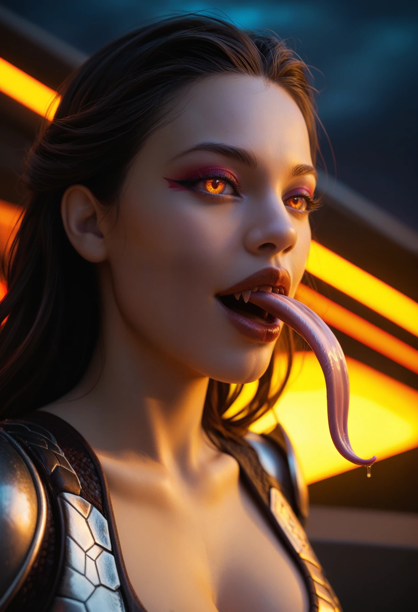 score_9, score_8_up, score_7_up, 1 female medusa alien, A scene from a science fiction movie, beautiful detailed eyes, A third eye on the forehead, beautiful detailed lips, extremely detailed face and eyes, long eyelashes, (long tongue like a snake:1.2), intricate insect-like features, glowing compound eyes, scythe-like forelimbs, alien carapace, vibrant colors, futuristic sci-fi environment, neon lights, glowing energy field, complex technological architecture, dramatic lighting, cinematic atmosphere, award winning digital art, hyper realistic, 8k, high quality, masterpiece, Bioluminescence, Translucent armor, thespiritde, concept art