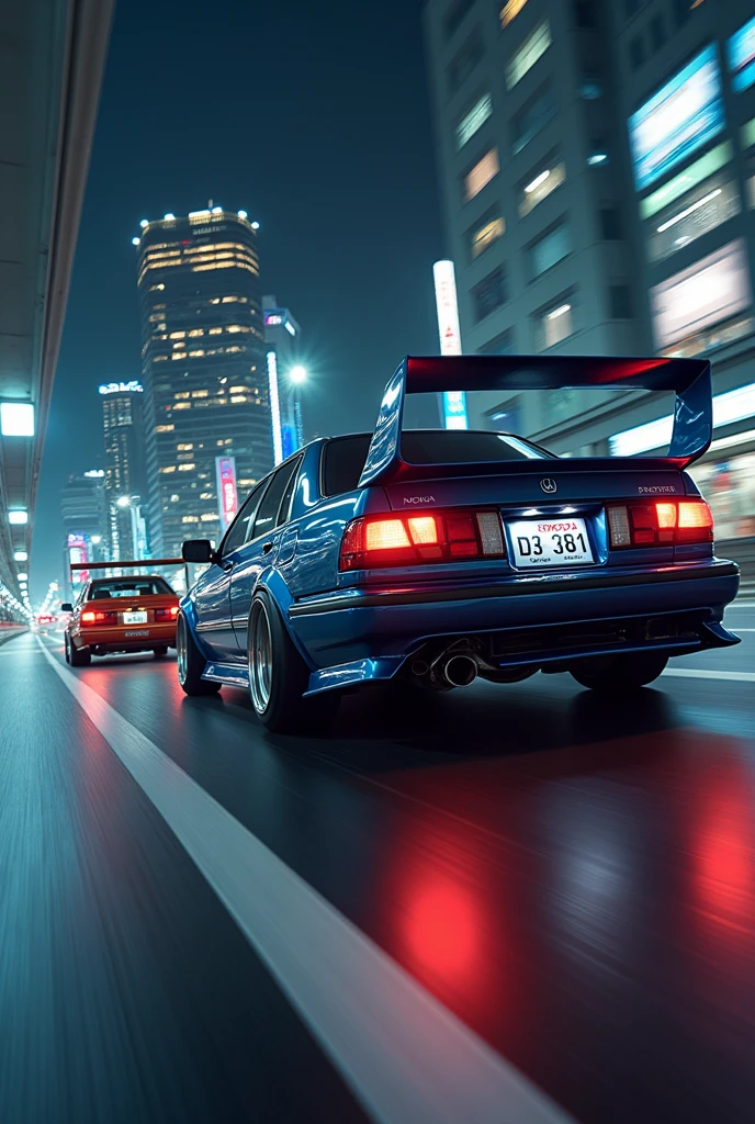 Main subject（日本car、Toyota、sedan、4Door、Altezza、Full Aero、改造car、The capital is highバトル）Subject Sub（日本car、Honda、sedan、4Door、Torneo Euro R 、Full Aero、改造car、The capital is highバトル）car、The capital is high、Runner、detailedに、Real、Realistic、Tokyo、The capital is high速道路、c1、sedan、live-action、深night、night、beautiful、Sink shooting、8k、Loyal、detailed、日本のナンバープレート
それぞれの被写体が日本のThe capital is high速道路で競っている、Running through a big corner
