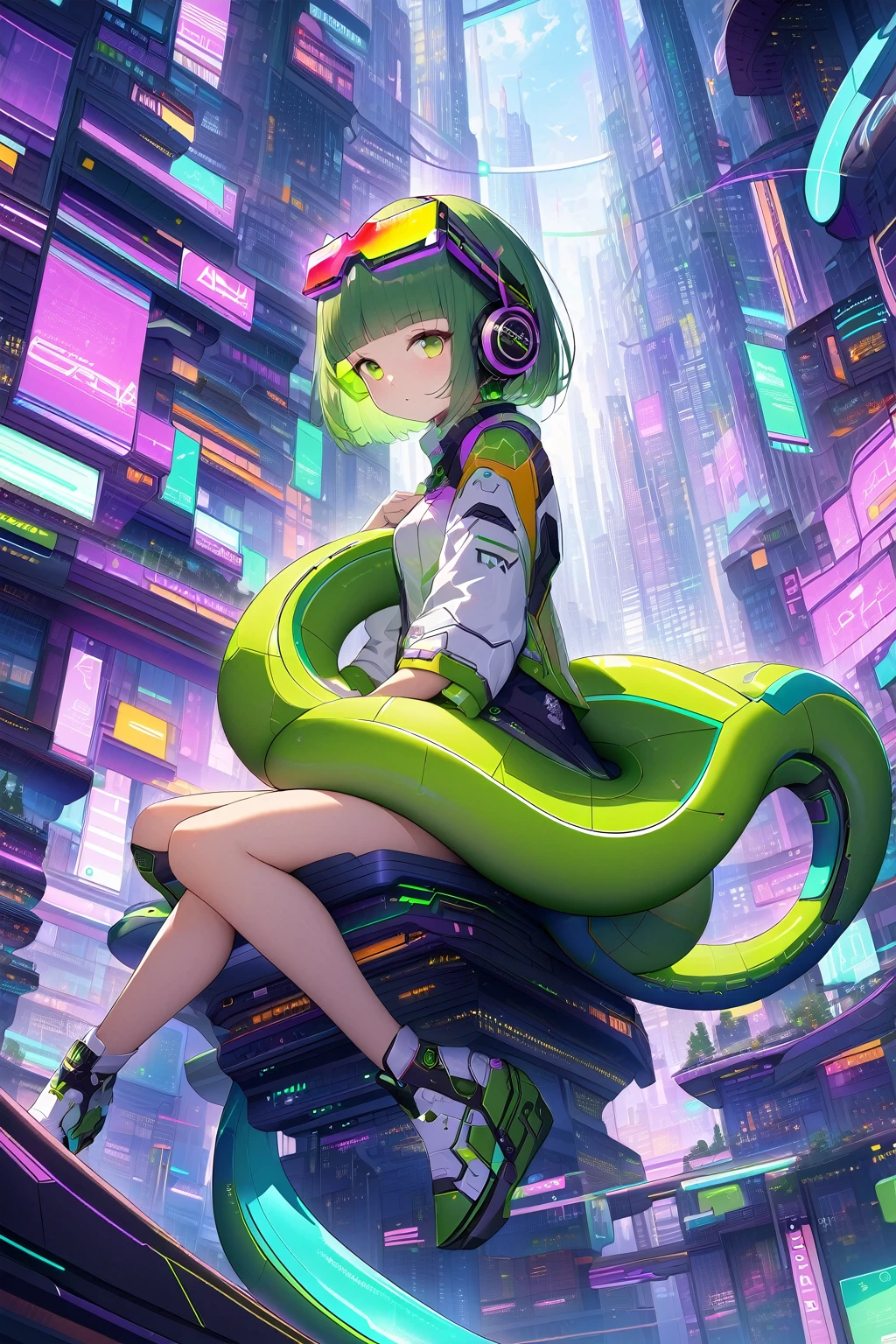 (extremely detailed fine touch:1.3), (((Futuristic eyewear:1.3))), (wear headphones around:1.0), green short hair, blunt bangs, beautiful android girl, solo, full body, sitting on (tortoise:1.0)Snake's tail, Futuristic Art, Futuristic city, single Skyscraper