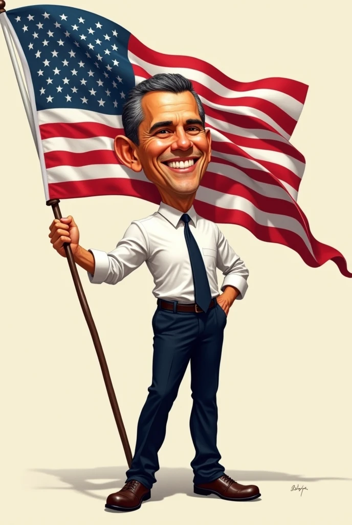 Full body caricature of a President standing happily holding flag Wearing a black tie and white shirt