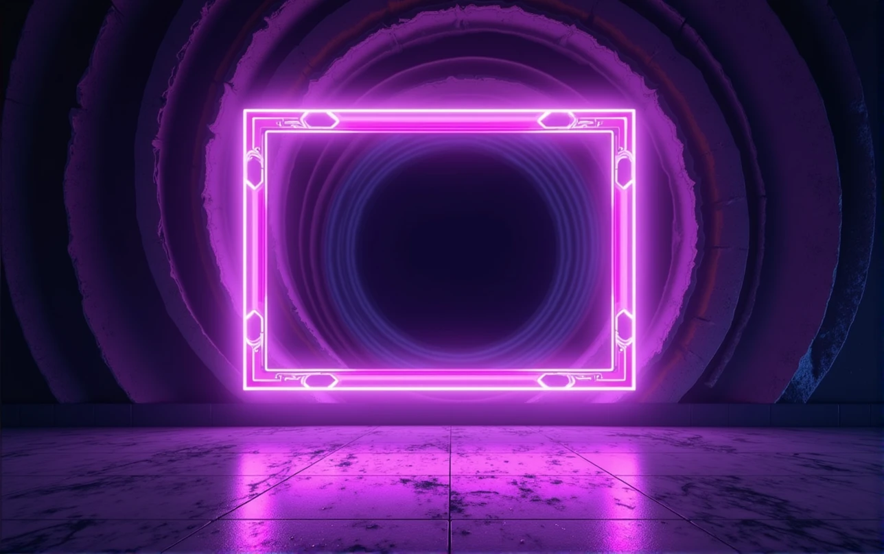 a futuristic screen neon purple frame. black hole background
