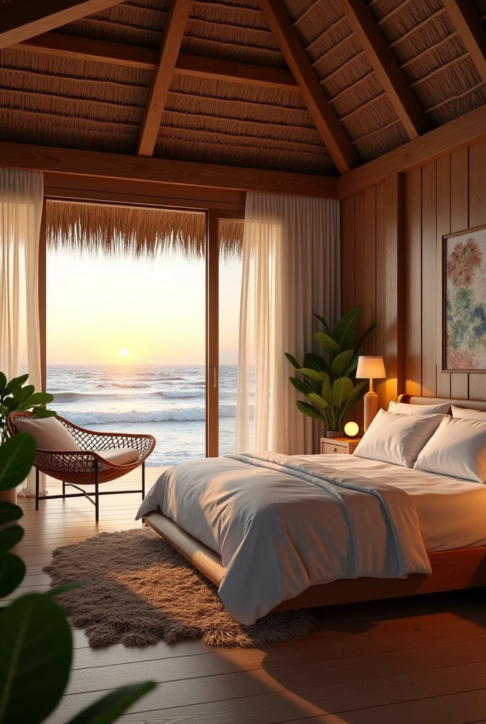 The image shows a luxurious bedroom with a tropical theme. The room has a wooden floor and a thatched roof, with a large window on the left side that offers a beautiful view of the ocean. The window is covered with sheer curtains, and there is a hanging chair with a cushion on the right side of the room. The bed is made up with a white comforter and pillows, and a wooden nightstand with a lamp is placed next to it. There are several potted plants scattered around the room, adding a touch of greenery. The overall atmosphere is peaceful and serene, with the sun setting in the background, creating a warm and inviting ambiance.
Generate highly