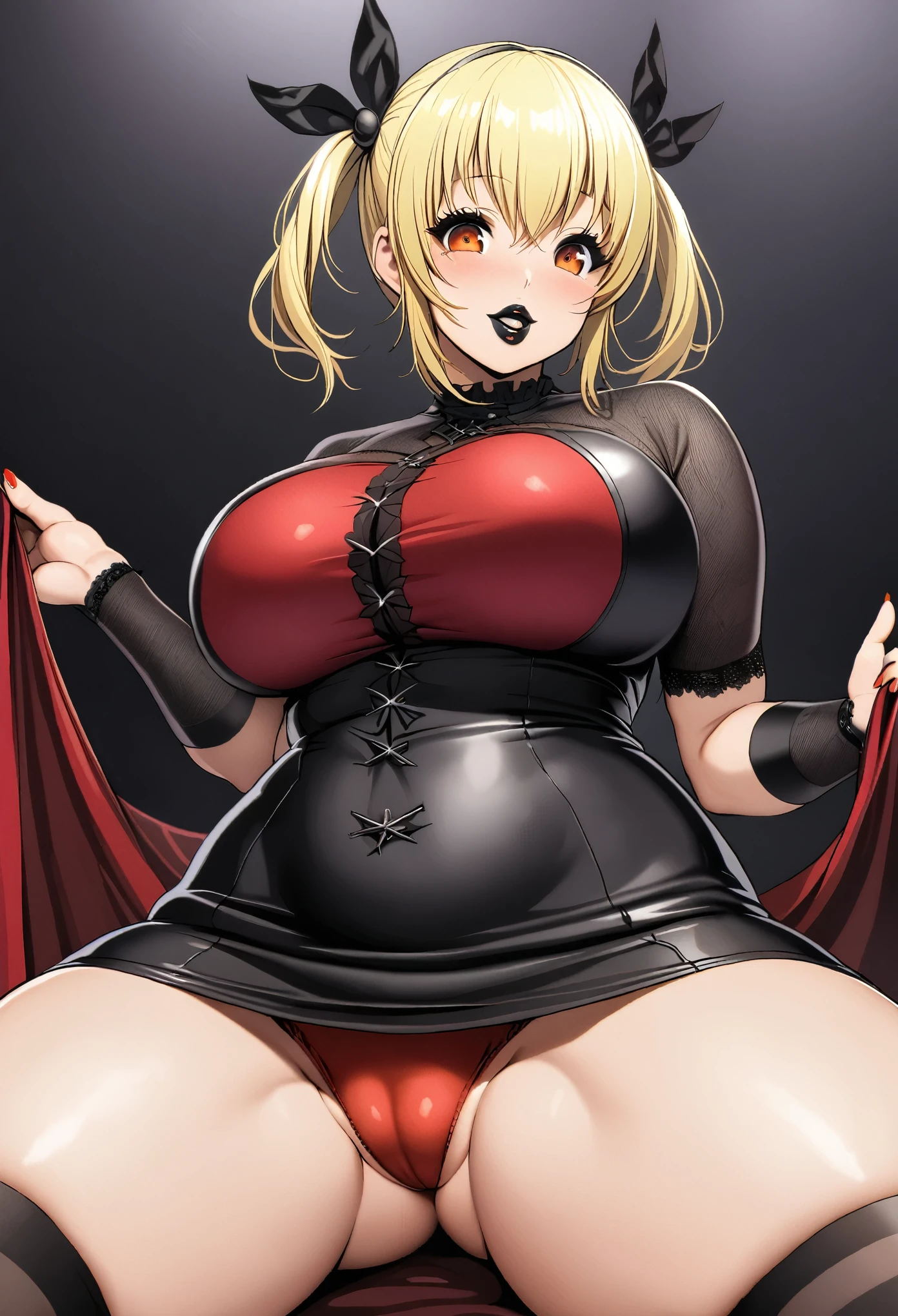 (Super Pochaco), Beautiful thick milf with huge breasts, thick thighs, blonde hair, orange eyes, (thick), gothic makeup, goth, black eye liner, black lipstick, silk outfit, upskirt, red velvet panties, cameltoe