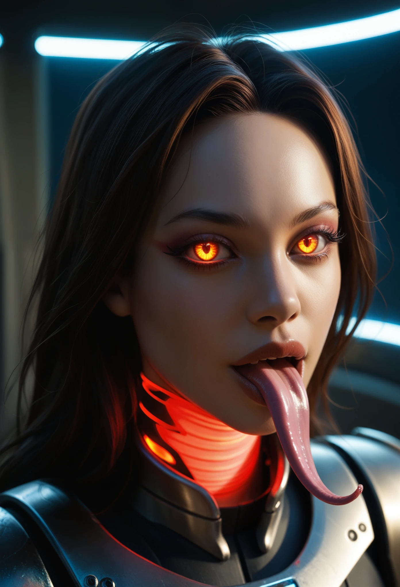 score_9, score_8_up, score_7_up, 1 female medusa alien, A scene from a science fiction movie, beautiful detailed eyes, A third eye on the forehead, beautiful detailed lips, extremely detailed face and eyes, long eyelashes, (long tongue like a snake:1.2), intricate insect-like features, glowing compound eyes, scythe-like forelimbs, alien carapace, vibrant colors, futuristic sci-fi environment, neon lights, glowing energy field, complex technological architecture, dramatic lighting, cinematic atmosphere, award winning digital art, hyper realistic, 8k, high quality, masterpiece, Bioluminescence, Translucent armor, thespiritde, concept art