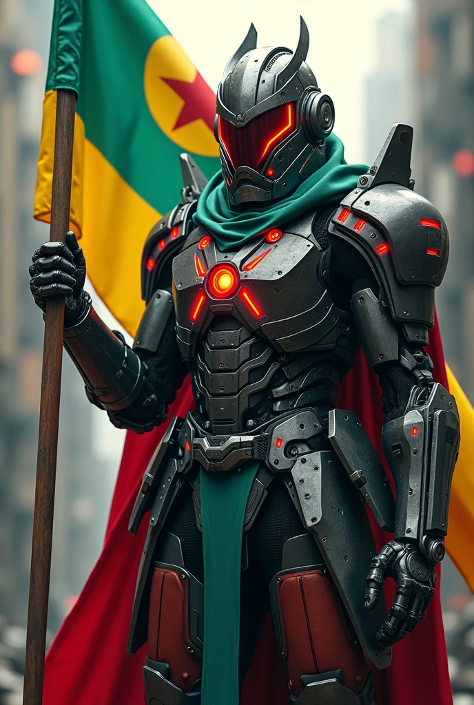 vilain homme, héros au casque de fer, armure technologique de la couleur du Madagascar ,cybernétique, Samouraï vert, Héros Malgache, avec des détailsrouge, tenant le drapeau Malgache dans un style réaliste