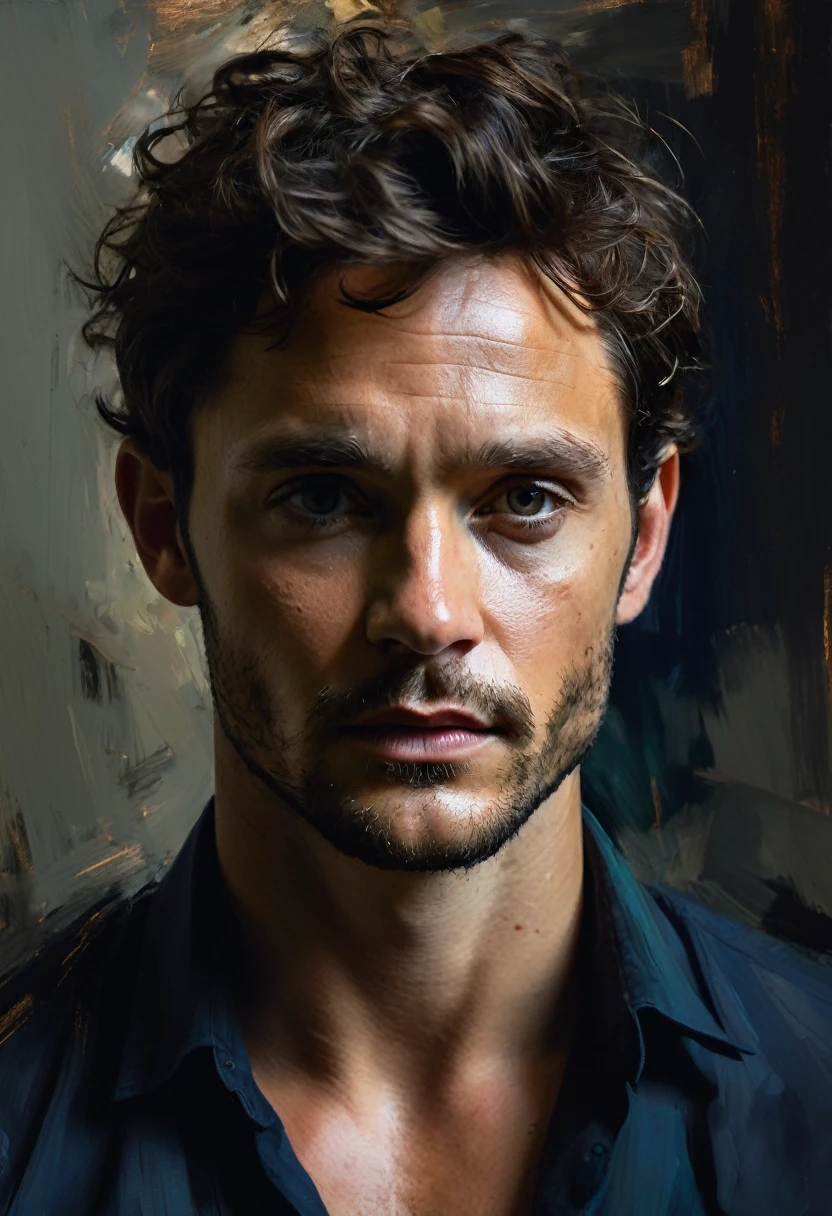 man photo ,expressive,bold strokes,Highly detailed portrait of 25 year old man Hugh Dancy,sombre colours and wide dynamic range,dramatic lighting,Image should have sharp details and realistic skin tone,simple background,in the style of Henry Asensio