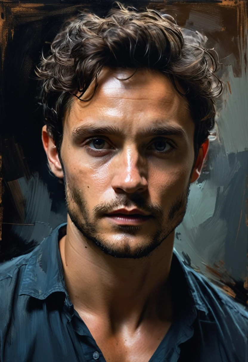 man photo ,expressive,bold strokes,Highly detailed portrait of 25 year old man Hugh Dancy,sombre colours and wide dynamic range,dramatic lighting,Image should have sharp details and realistic skin tone,simple background,in the style of Henry Asensio