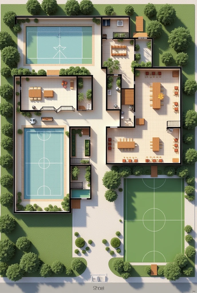 Create a photo of a private school floor plan, where it serves students from the first year to the third year of high school, with 3 courts, one of which is covered, a volleyball court and a football court. The school must have two swimming pools, one of which is covered, and an open field for lunch.. Closed patio for feeding