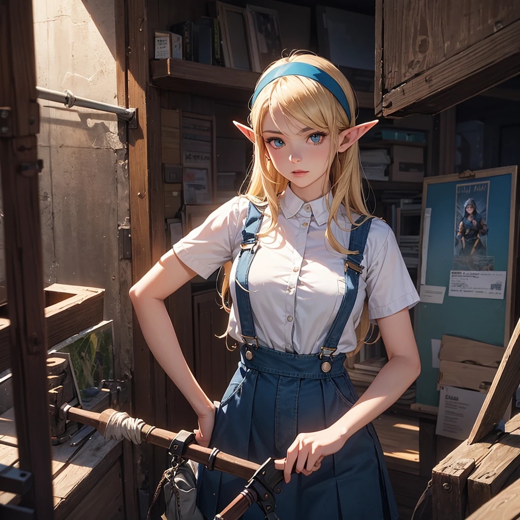 CG, Unity, 8k, wallpaper, Highest quality, masterpiece, Lovely lady, 18-year-old, (Realistic), Best lighting, Complex pupil, Intricate weaving, Elf Girl、A composition that shows the whole body,One Woman,Full Body,Blue skirt and headband,Blonde,Overalls Skirt,Game Character,RPG,Equipment,Combat Uniform