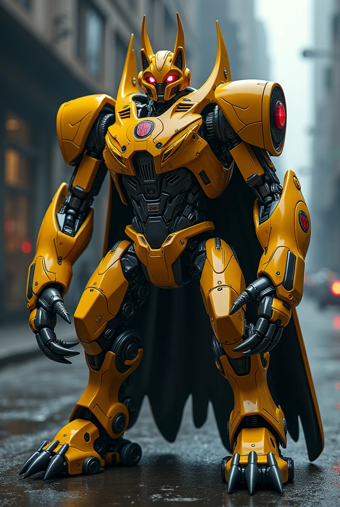 Make a transformers barricade dark yellow fox with 45 tails and with four paws claws of police helmet cape