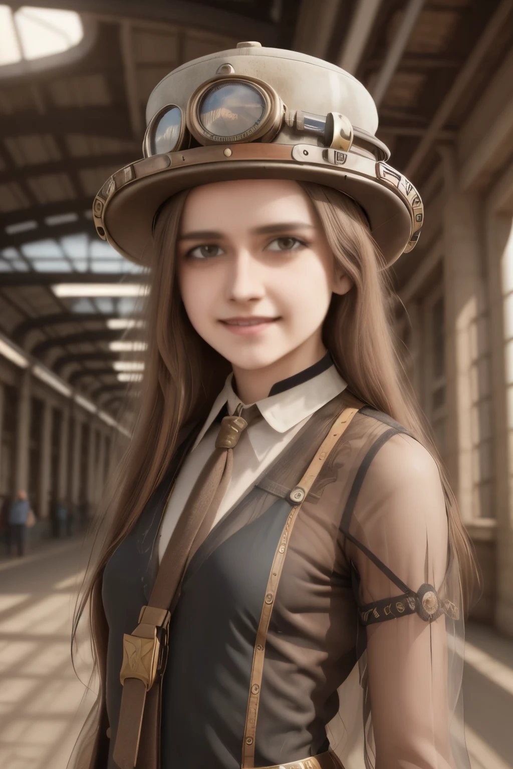 1 girl, aviator hat , solo, steam punk, train station, , steam, smoke, masterpiece, highly detailed,HDR,8k resolution, best quality,