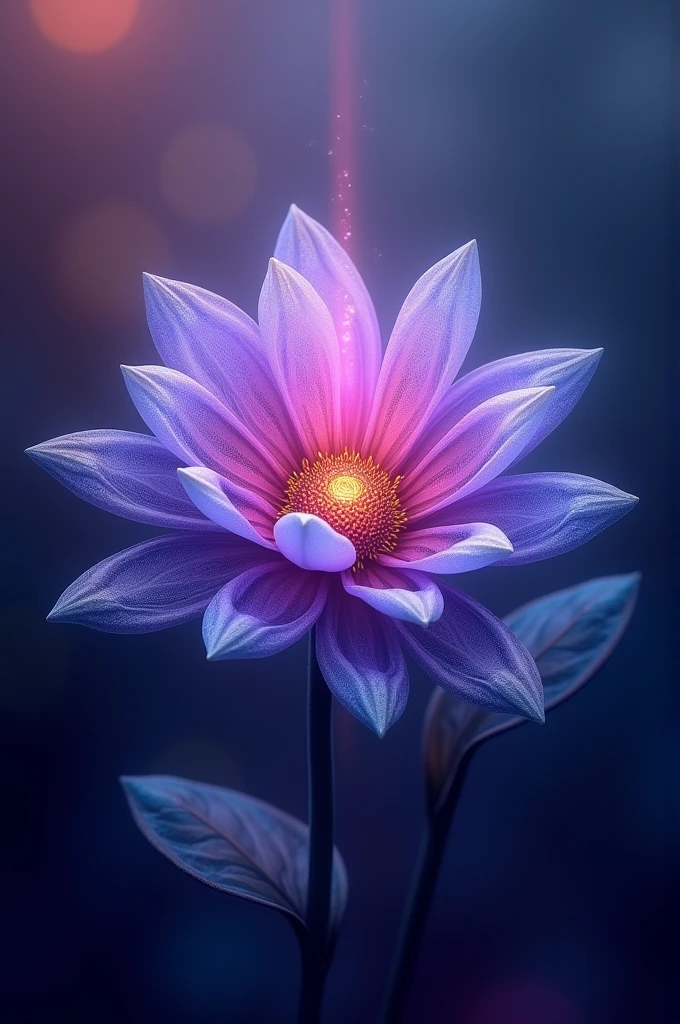 Imagine a flower NFT artwork where the central element is a lush flower, with vibrant petals in shades of purple and blue, that appear almost translucent. At the center, an intricate geometric pattern, like a fractal or a mandala, is illuminated by a soft glow, giving an almost ethereal effect. The background is a subtly changing color gradient, creating a sense of depth and movement. This piece is interactive, allowing the viewer to change the colors and patterns of the petals with a simple click, providing a unique and customizable visual experience.