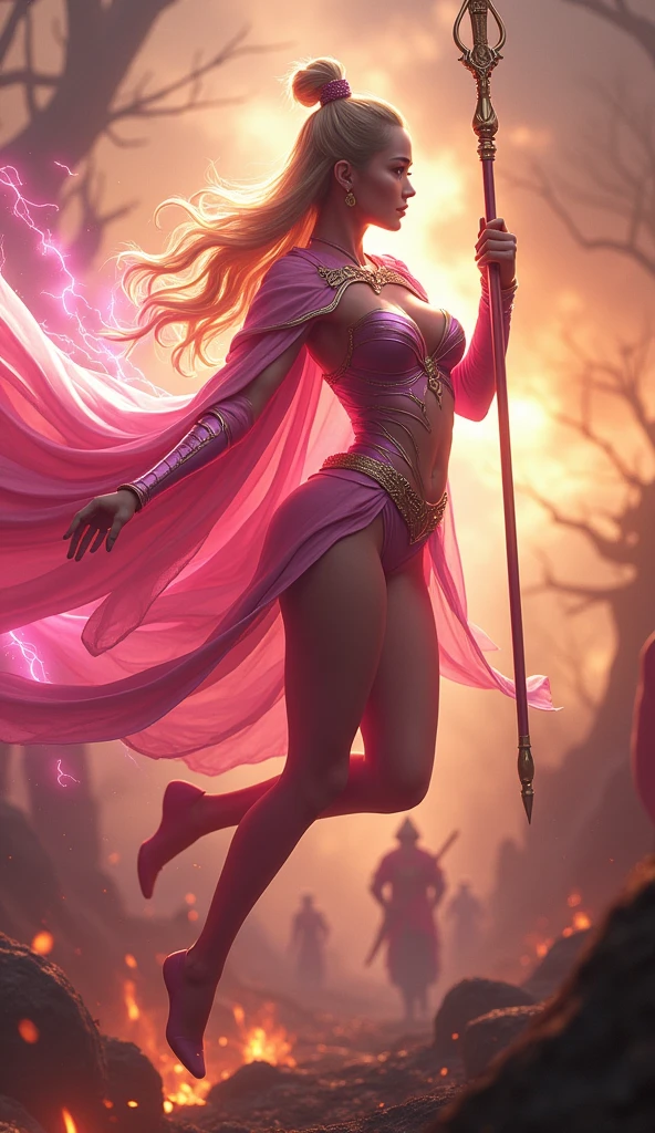 ((Beautiful woman Donghua, hero, Celestial, Golden Hair, Powerful, Majestic, Unleash the power of God))) Voluptuous++ Chinese female spearman in battle uniform warrior of Guan Ping wearing sexy cloak from Romance of the Three Kingdoms, Background War burning jungle and soldiers walking through the war, Sexy shiny pink armor, Flying in the air, Detailed face, (Radio waves)++, Realistic rendering, (Deep valley)++, Captivating body, Looking over your shoulder, Trending on Artstation, Unreal Engine, fine pink eyes, Pink sexy bikini, No breasts, Chinese, No breasts, (((((Large Breasts))))), 34H Huge Big , Big Breasts, Huge breasts, Large scale, Sitting on a rock, 非常にLarge Breasts, Full body image(Includes legs), Wear high-heeled shoes, Sitting in doggy position, Spread your legs, Hot Suit, Hot Erotic, Hands and knees, Wearing a gold belt