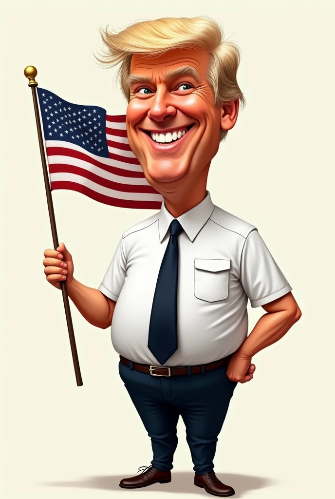Full body caricature of a President standing happily holding flag Wearing a black tie and white shirt