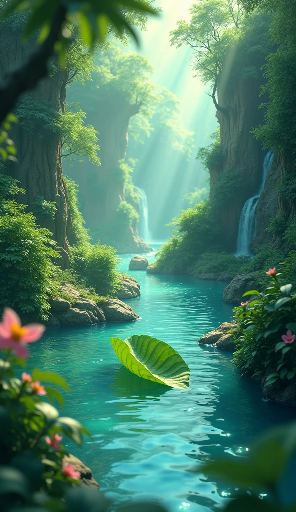 There is a title "Khawaba Da Tara" written with beautiful water colour style, on a beautiful, and fantasy river. A top view of falling leaf in the river and in green jungle at the day. Flowers, rivers showing glamour at the background of the leaf. A 3D, Aesthetic, fantasy poster.