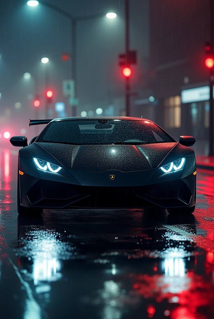 Black Lamborghini lighting up and waiting traffic light at night on the rain
