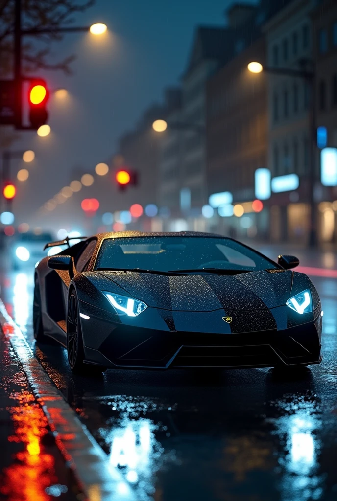 Black Lamborghini lighting up and waiting traffic light at night on the rain