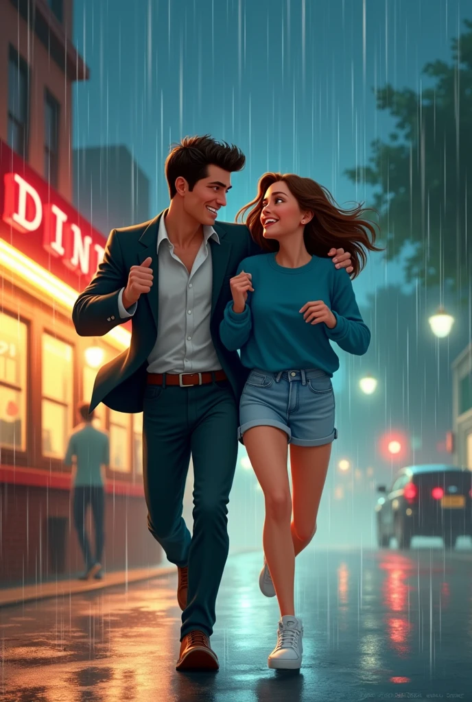 An art for a book cover, One with fair skin, medium length brown hair, light wash denim skirt, blue sweatshirt and white sneakers, and a man wearing formal clothes (Suit) black haired and fair skinned, they are leaving a diner, It&#39;s raining and they are running and smiling. Ele está cobrindo ela com a parte de cima de seu Suit, so she doesn&#39;t get wet. Both are North American. It&#39;s raining heavily and they are running. it&#39;s night e eles estão se gargalhando. Remember it&#39;s an animation. She is wearing a skirt, he is covering her. enlarge this image. I want an image with more details of the scene. They are more hugging each other. Ele está de Suit. it&#39;s night 