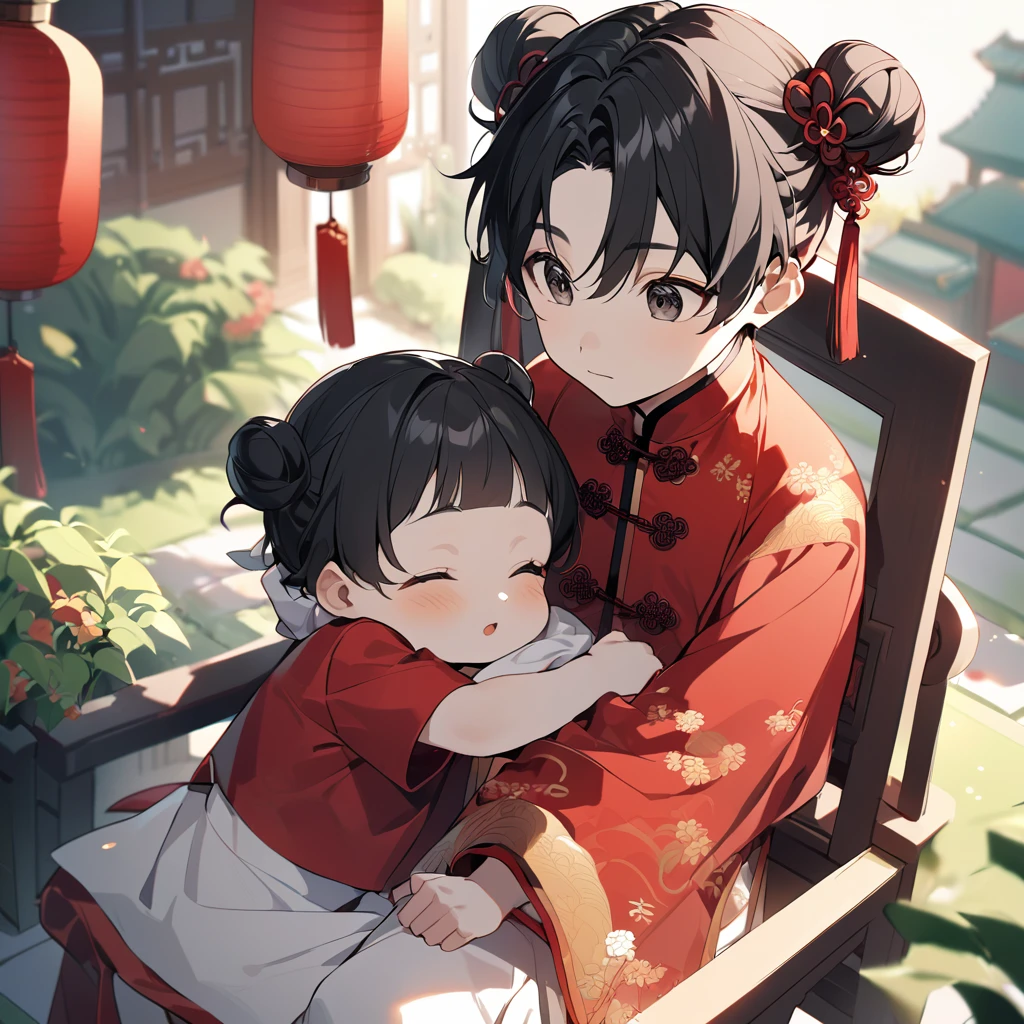 A handsome young man with a good face and a gentle face, he wearing a white ancient Chinese costume, sitting on a chair, hugging his little sister, who is 1 year old, with her hair tied in two buns, black hair, in a red Chinese New Year costume. In the morning, there is sunlight shining in the front yard garden.