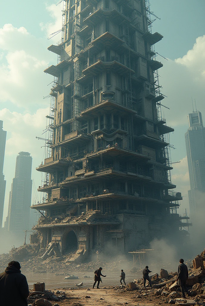 A modern Tower of Babel where collapse and construction are in conflict