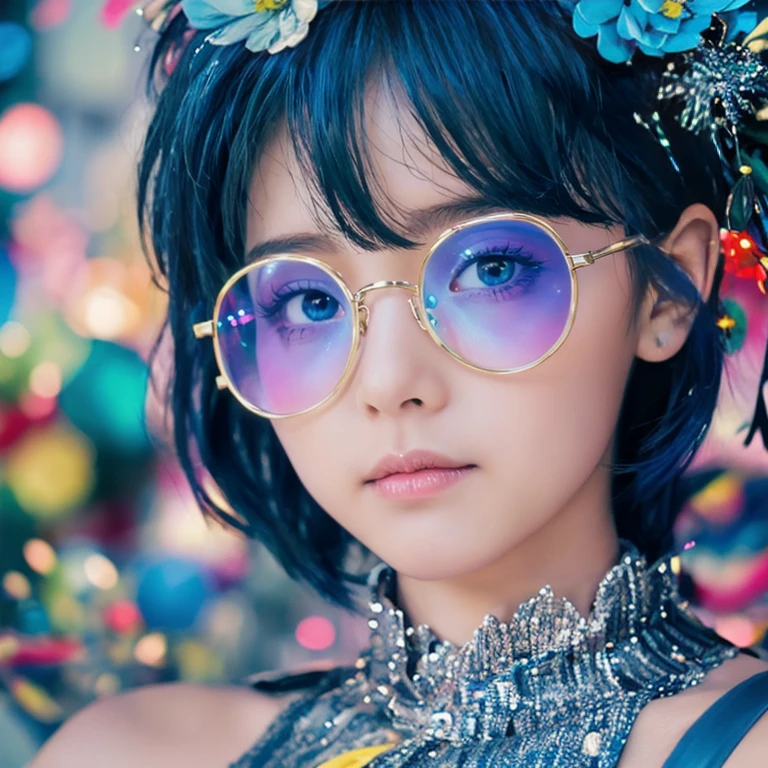 One person, Blue Hair, Glasses, High resolution, Short Hair, Close-up, Off-screen, Hair Flower, Sparkle Effect, Close your eyes and laugh、Colorful with primary colors