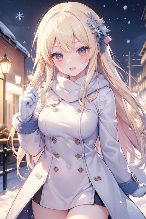 ((masterpiece, best quality, highres, UHD, perfect pixel, depth of field, 4k, RTX, HDR)), 1girl, single, solo, 24 years old, beautiful anime girl, beautiful artstyle, anime character, ((long hair, parted bangs, blonde hair)), (red eyes:1.4, rounded eyes, beautiful eyelashes, realistic eyes), (detailed face, blushing:1.2), (smooth texture:0.75, realistic texture:0.65, photorealistic:1.2, cinematic, anime CG style), medium breasts,  perfect body, busty, (dynamic angle, pov, close up), ((winter clothes, long coats, mittens, gloves, long underwear)), night, night lamp, city lights, bokeh:1.4, (outdoor, city buildings, crowd), ((winter, snow, snow crystal, winter pine trees)), sly smile, open mouth