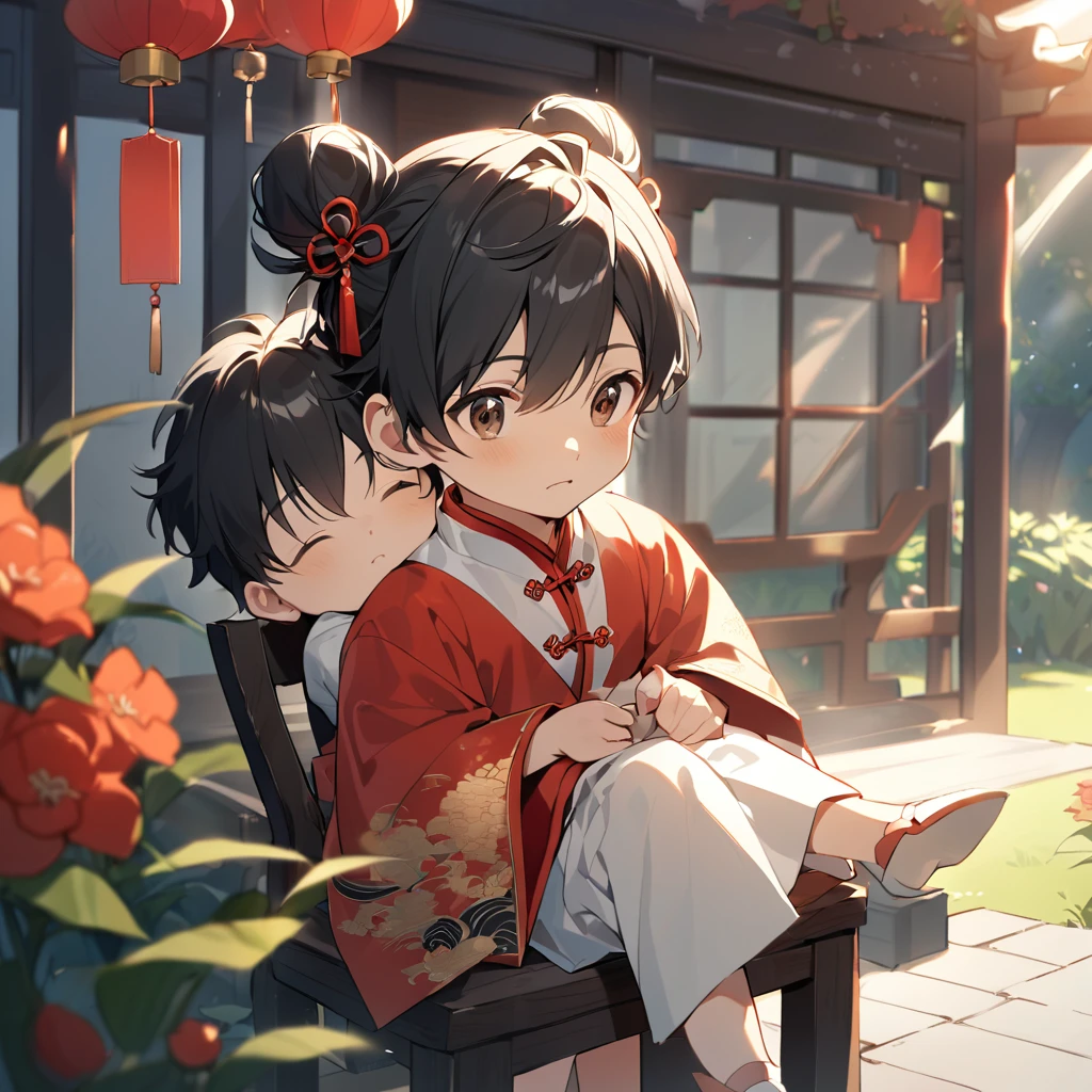 A handsome young man with a good face and a gentle face, he wearing a white ancient Chinese costume, sitting on a chair, hugging his little sister, who is 1 year old, with her hair tied in two buns, black hair, in a red Chinese New Year costume. In the morning, there is sunlight shining in the front yard garden.