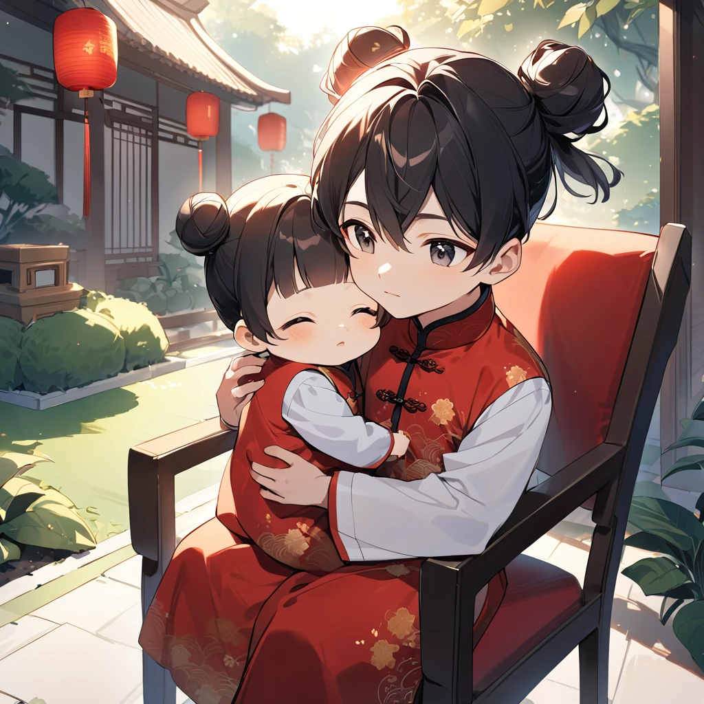 A handsome young man with a good face and a gentle face, he wearing a white ancient Chinese costume, sitting on a chair, hugging his little sister, who is 1 year old, with her hair tied in two buns, black hair, in a red Chinese New Year costume. In the morning, there is sunlight shining in the front yard garden.