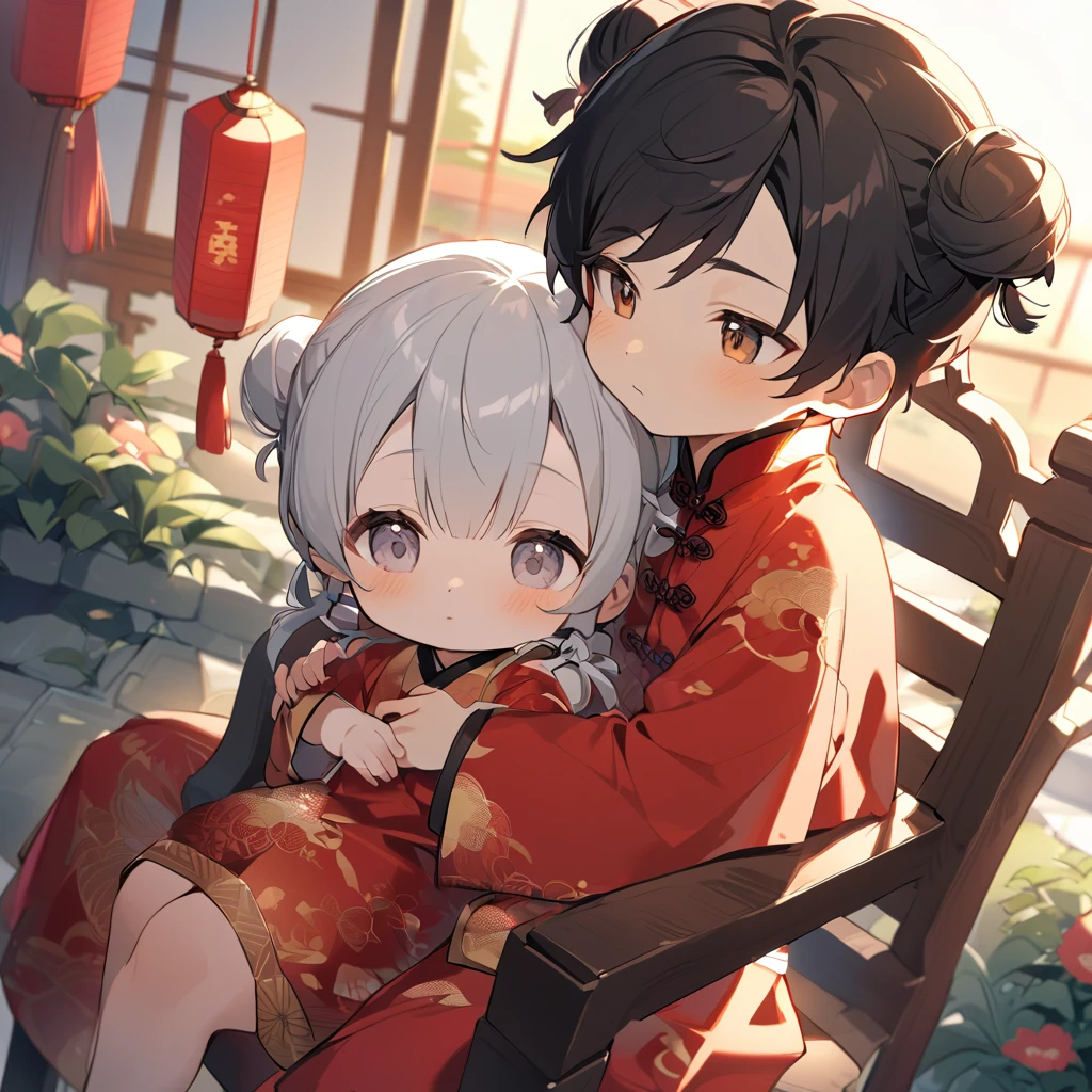 A handsome young man with a good face and a gentle face, he wearing a white ancient Chinese costume, sitting on a chair, hugging his little sister, who is 1 year old, with her hair tied in two buns, black hair, in a red Chinese New Year costume. In the morning, there is sunlight shining in the front yard garden.