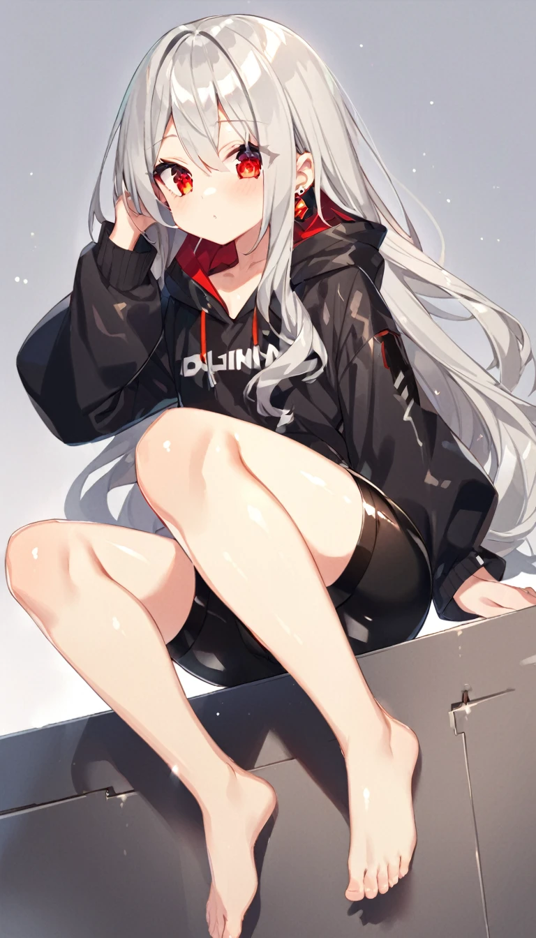 nsfw:1.9、4K((Great anime))((masterpiece)) (high quality) (detailed: 1.9) (Perfect Face) (detailedな髪) (Shiny Hair: 1.9) (Glowing Skin) ((cute))((One beautiful girl))((cute))(Short:1.9)(Thin waist:1.9)(((( beautiful girl))))(((boyish)))((Pettanko's chest))((long hair))((Silver Hair))(One strand of black hair)Red Eyes、ear、Earrings、((whole body))((Black oversized coat))(((Long sleeves:1.9)))(((Moe sleeves:1.9)))((Compression Sports Bra))((((Put on the hood:1.9))))Confused eyes、((((((Leather shortsの隙間から見えるCrotch dimples:1.9)))))))((((Sit with your legs apart, exposing your inner thighs:1.9))))((Deep slit))(((((((Crotch dimples:1.9)))))))Steampunk World、((gear))(((clock)))Slam、(((Leather shorts:1.9)))((Low rise))barefoot、((Pulling on the bra))