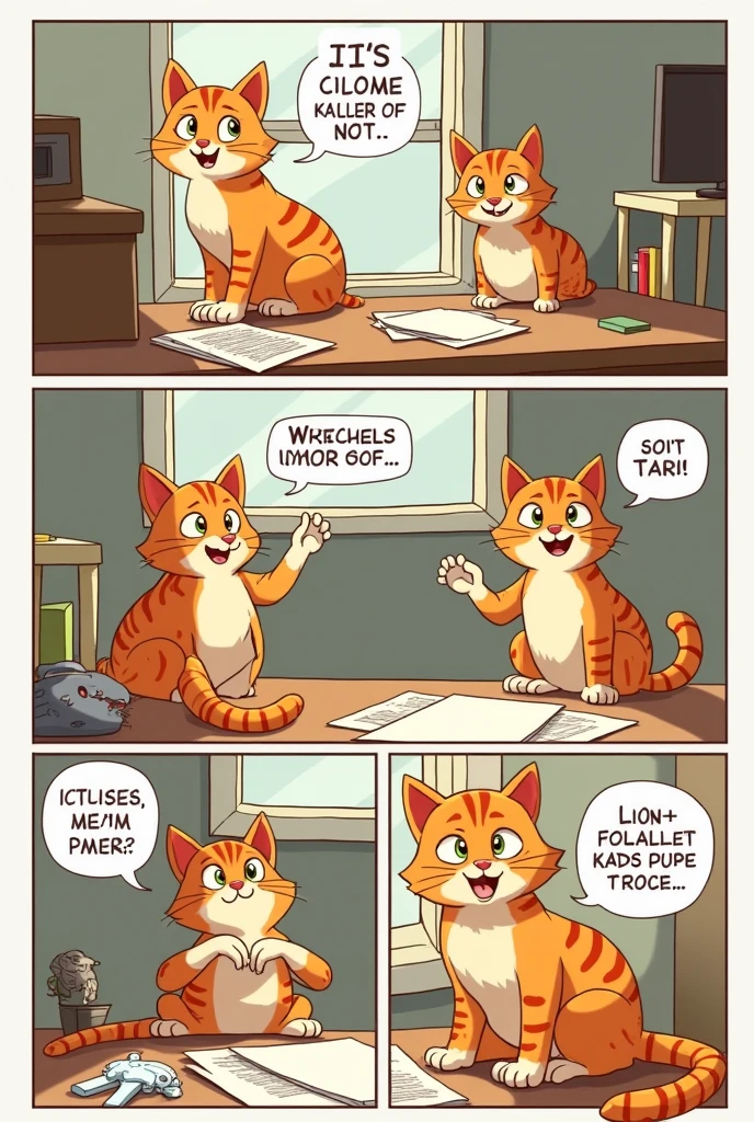 Certainly! Here’s a new six-panel comic strip concept:
**Title:** *The Mischievous Cat*
**Panel 1:**
*Scene*: A cat, Whiskers, sits on a windowsill, eyeing a stack of important papers on a desk below.
*Text*: "Whiskers eyes the prize."
**Panel 2:**
*Scene*: Whiskers stealthily jumps from the windowsill to the desk, landing near the papers.
*Text*: "Time to cause some chaos!"
**Panel 3:**
*Scene*: Whiskers starts batting at the papers, sending them scattering across the desk.
*Text*: "So much fun!"
**Panel 4:**
*Scene*: The papers are in disarray. The desk owner, Alex, walks in with a surprised expression.
*Text*: "What happened here?"
**Panel 5:**
*Scene*: Alex looks at Whiskers, who is now sitting innocently with a toy mouse.
*Text*: "Did you do this, Whiskers?"
**Panel 6:**
*Scene*: Close-up of Whiskers looking up with big, innocent eyes. A tiny "Meow?" is written above.
*Text*: "Definitely not guilty."
---
Feel free to let me know if you want any adjustments or have another idea in mind!