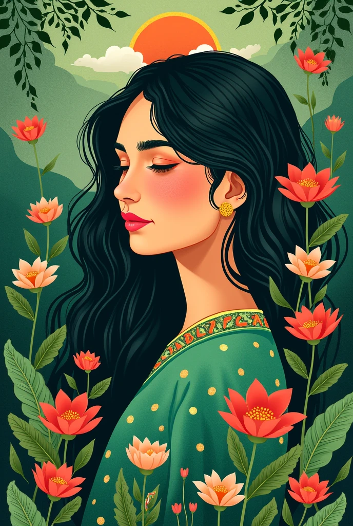 "Create a serene and inspiring portrait representing the new youth of Bangladesh, symbolizing charm, calm, peace, and a deep connection to nature. Use the green and red colors of the Bangladeshi National Flag to bring harmony and balance to the image. The central figure should embody the strength and hope of Bangladeshi youth, surrounded by elements of calming nature such as lush greenery, rivers, and the serene beauty of Bengal's landscapes. Traditional Bangladeshi designs, like the intricate Nakshi Kantha patterns and motifs from folk art, should be integrated to add cultural depth and uniqueness. Include motivational Bengali slogans such as ‘শান্তি ও প্রগতির পথে আমরা’ (On the Path of Peace and Progress) and ‘নতুন প্রজন্ম, নতুন আলো’ (New Generation, New Light) to reinforce the themes of peace, youth, and positive change. The overall composition should evoke a sense of tranquility, unity, and cultural pride."