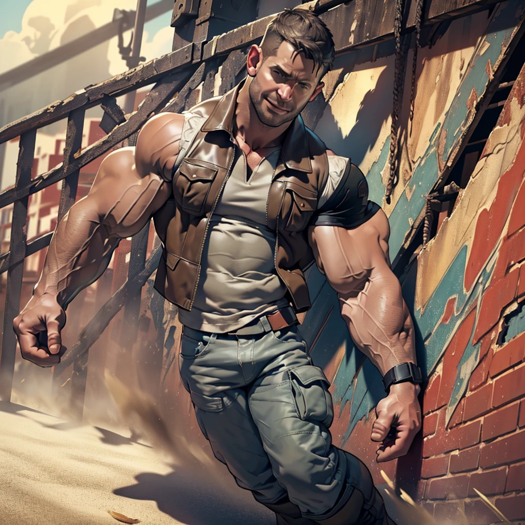 NSFW, An award-winning original photo, 1 man, solo, ((41 year old)), Chris Redfield, ((daddy TOTALLY NAKED, SHOWING A SERIOUS COCK )) , ( A BROWN LEATHER VEST ), (BROWN BOOTS ), muscular male, tall and hunk, biceps, abs, SMILING face, best quality, masterpiece, dynamic angle, beach in the background, detailed face, volumetric lighting, center focus, from below,(Best quality, A high resolution, Photorealistic), Cinematic lighting, Masterpiece, RAW photo, Intricate details, hdr,