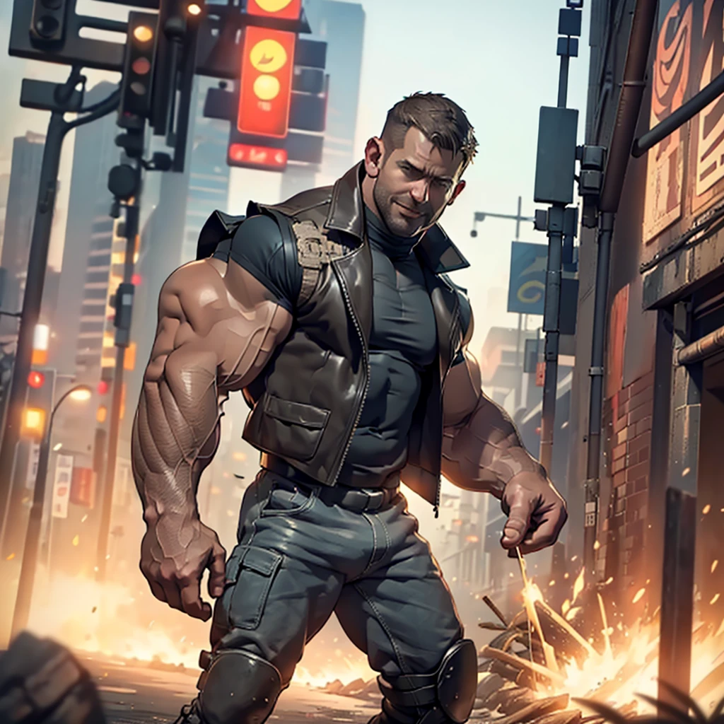 Macho man holding a gun、short hair、Blonde、manly、Brown skin、Torn clothes、Hairy、Pectoralis major、Abdominal muscles、Your body is wet、There is a wound on the body、Highest quality、high resolution、looking at the camera、full moon、Cyberpunk cities in science fiction movies、Above ground