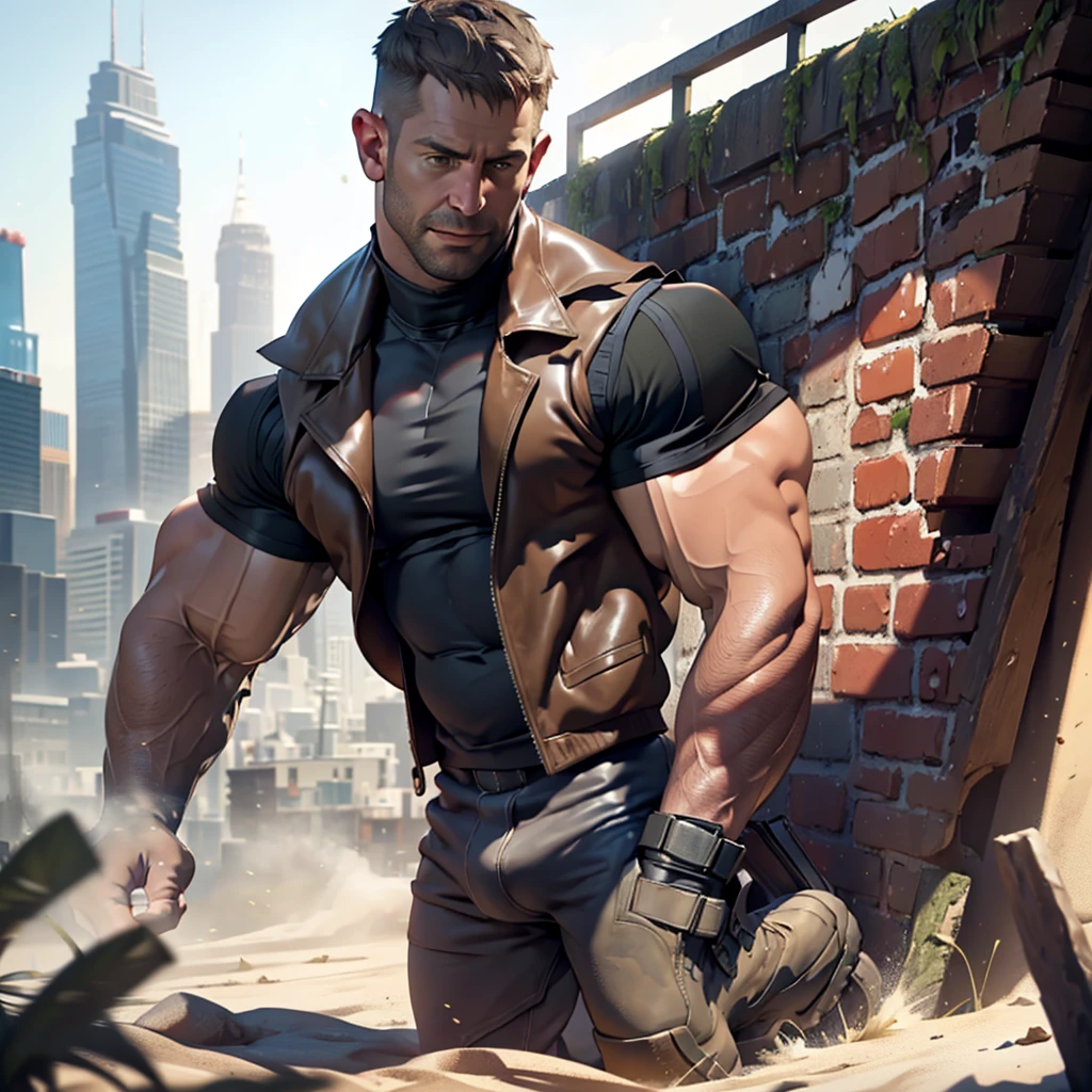 NSFW, An award-winning original photo, 1 man, solo, ((41 year old)), Chris Redfield, ((daddy TOTALLY NAKED, SHOWING A SERIOUS COCK )) , ( A BROWN LEATHER VEST ), (BROWN BOOTS ), muscular male, tall and hunk, biceps, abs, SMILING face, best quality, masterpiece, dynamic angle, beach in the background, detailed face, volumetric lighting, center focus, from below,(Best quality, A high resolution, Photorealistic), Cinematic lighting, Masterpiece, RAW photo, Intricate details, hdr,