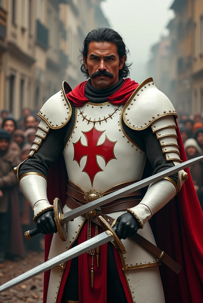 (photorealism:1.2), Knight, Eagle on his chest, holding two swords in both hands, Moustache, people in the background, he wears white and red colours