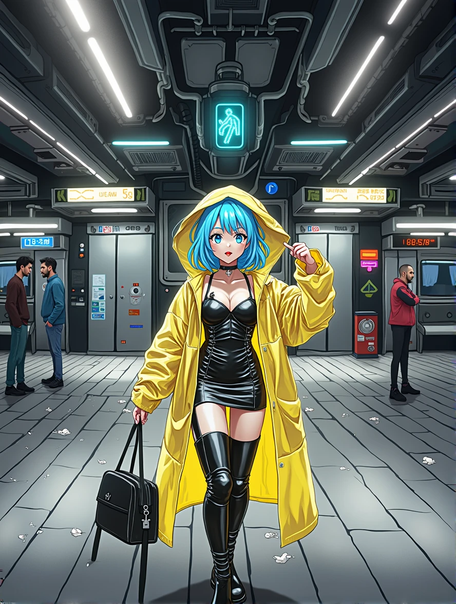 An elaborately detailed, medium shot anime illustration set in a gritty, futuristic cyberpunk universe. The character embodies an attractive charm and features alluring, captivating piercing eyes, medium bob hair colored in bright blue, and pouty lips framed on a canvas of porcelain skin. The character is attired in a transparent yellow plastic raincoat over a form-fitting leather mini dress. The overall scene portrays an intense color gradient engaging in deep hues. This artwork resonates with the epic style of trendsetting anime intricacies found on popular online art platforms.